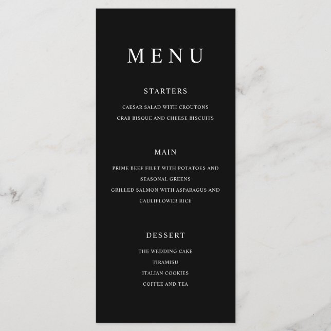 Modern minimalistisk svart och vit Bröllop Meny (Framsida)