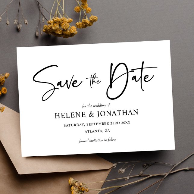 Modern minimalistisk svart och vit Elegant bröllop Spara Datumet (Modern Minimalist Black And White Elegant Wedding Save The Date)