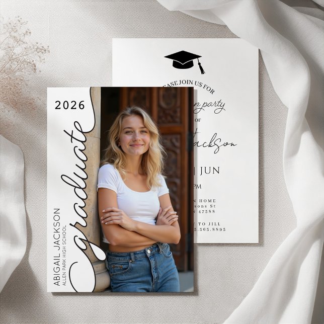 Modern Minimalistisk Svart och Vit Examenfest  Inbjudningar (Modern Minimal Black and White Graduation Party Invitation)