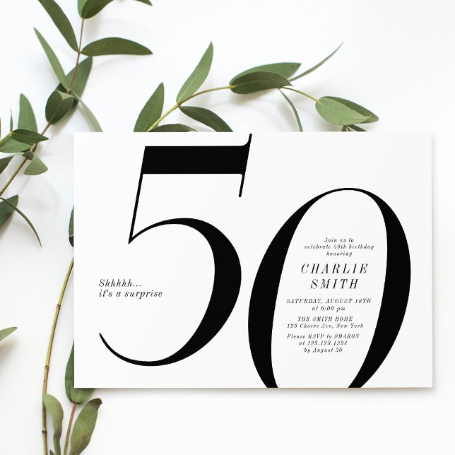 Modern minimalistisk svart och vit femtioårsdag inbjudningar (Modern minimalist black and white 50th birthday invitation)
