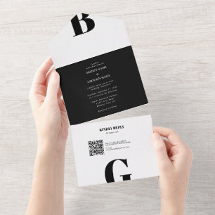 Modern minimalistisk svart och vit monogram Bröllo