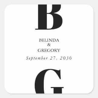 Modern minimalistisk svart och vit monogram Bröllo Fyrkantigt Klistermärke
