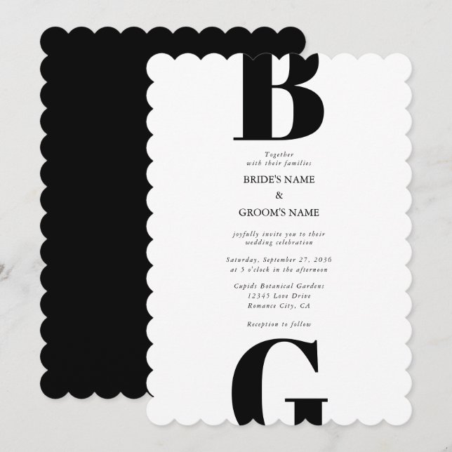 Modern minimalistisk svart och vit monogram Bröllo Inbjudningar (Fram/baksida)