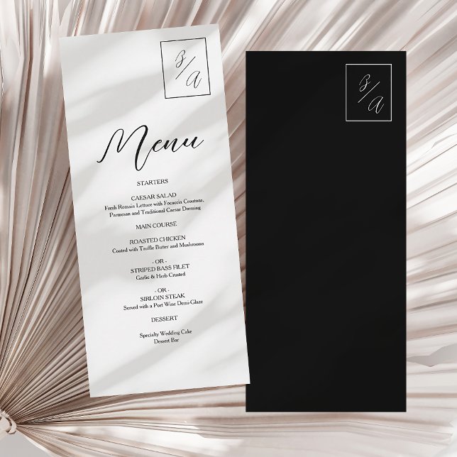 Modern minimalistisk svart och vit monogram Bröllo Meny (Skapare uppladdad)