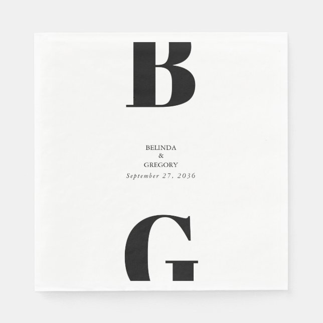 Modern minimalistisk svart och vit monogram Bröllo Pappersservett (Framsidan)