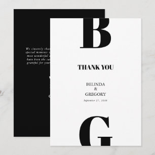 Modern minimalistisk svart och vit monogram Bröllo Tack Kort