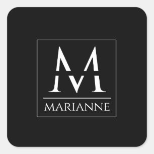 Modern minimalistisk svart och vit monogrammad fyrkantigt klistermärke
