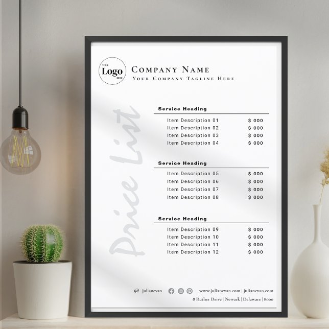 Modern Minimalistisk Svart och Vit Prislista (Modern Minimalist Black and White Price List)