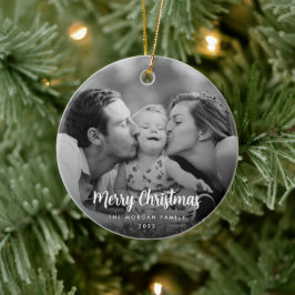 Modern minimalistisk svart- och vitt julfoto julgransprydnad keramik