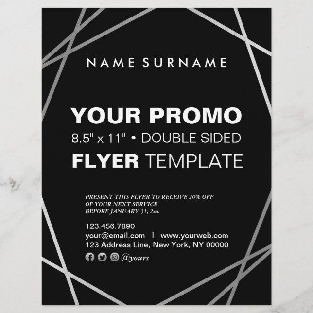 Modern, minimalistisk, svart, Silver-geometrisk, 8 Reklamblad (Framsidan)