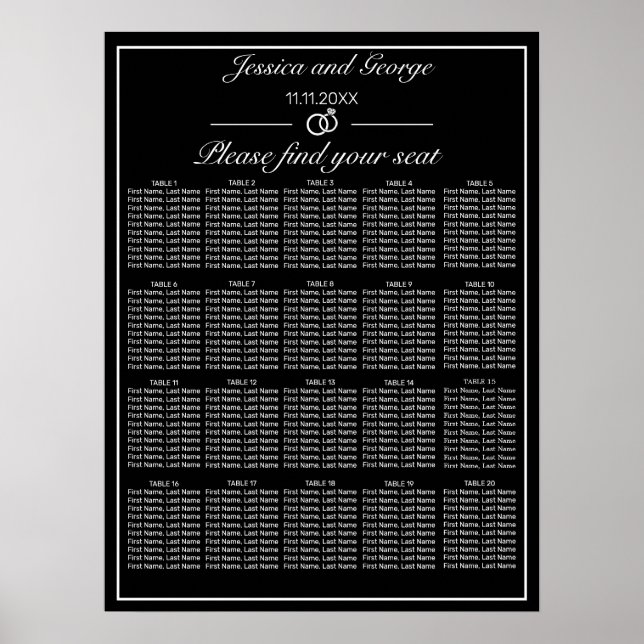 Modern minimalistisk svart sittplatsplan 20 Bord Poster (Framsidan)