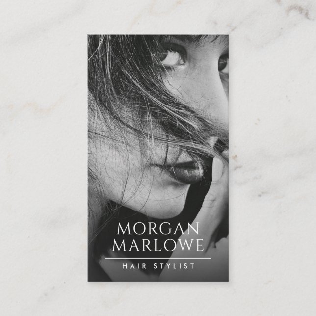 Modern minimalistisk svart, svart, hårvit foto visitkort (Framsida)