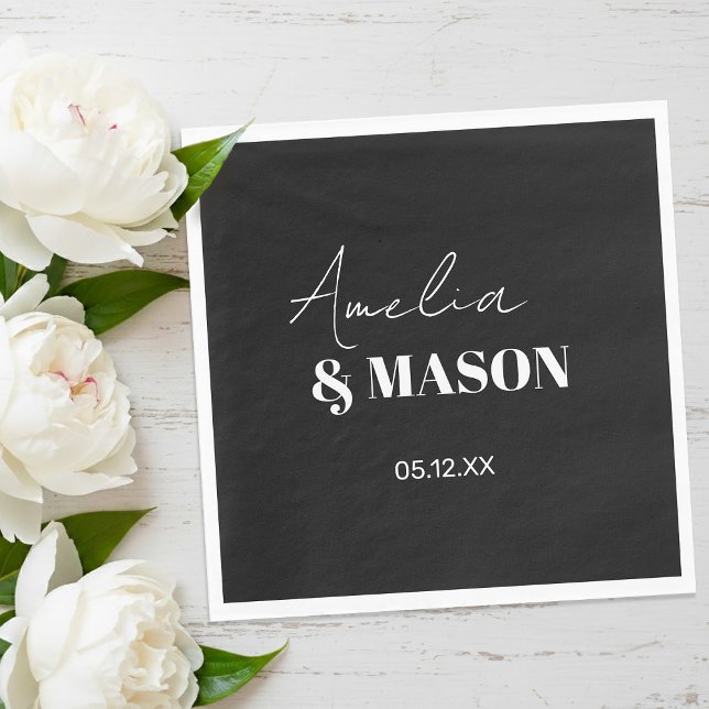Modern minimalistisk svart-vit bröllop pappersservett (Modern Minimalist Black and White Wedding Napkins)