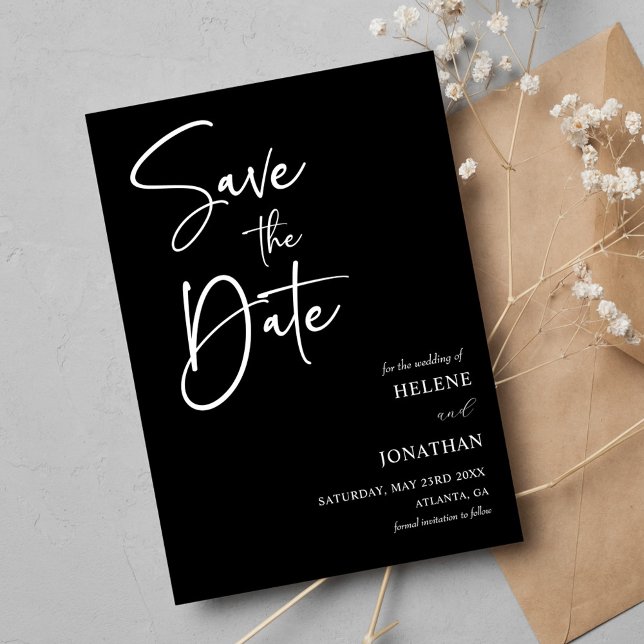 Modern minimalistisk svart vit Elegant bröllop Spara Datumet (Modern Minimalist Black White Elegant Wedding Save The Date)