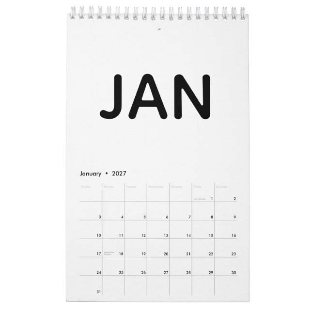 Modern minimalistisk svart-vit kalender 2026 (Jan 2027)
