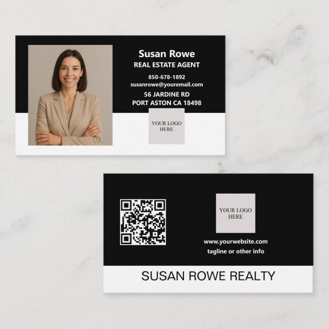 Modern minimalistisk svart-vit QR-kod foto Visitkort (Fram/baksida)
