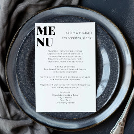 Modern minimalistisk svart vit stilfull bröllop meny