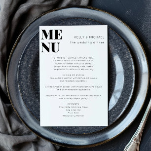 Modern minimalistisk svart vit stilfull bröllop meny