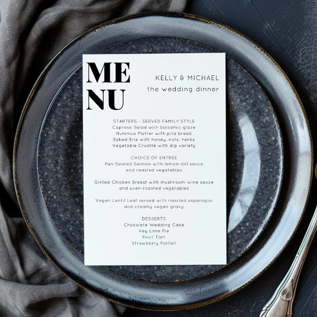 Modern minimalistisk svart vit stilfull bröllop meny (Skapare uppladdad)
