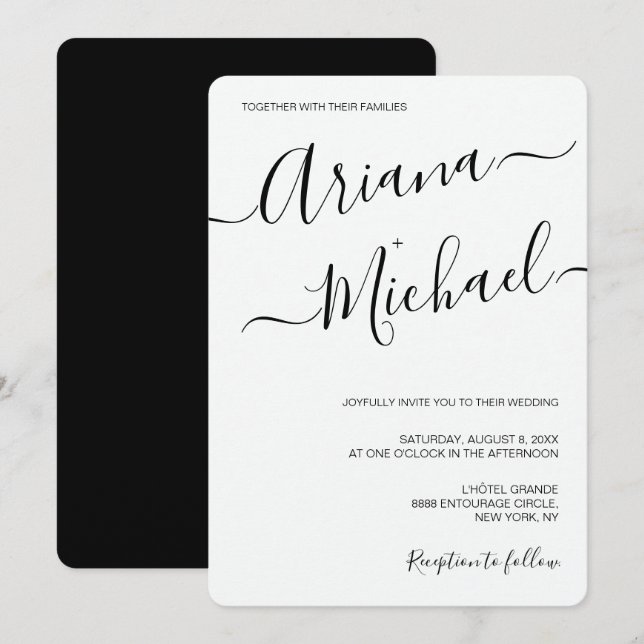 Modern minimalistisk svartvit Bröllop-typografi Inbjudningar (Fram/baksida)