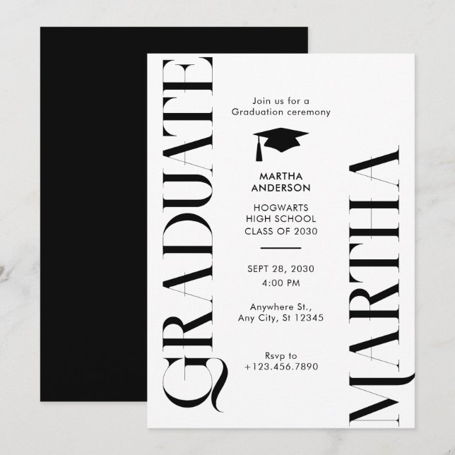Modern minimalistisk svartvit graduatisering inbjudningar (Fram/baksida)