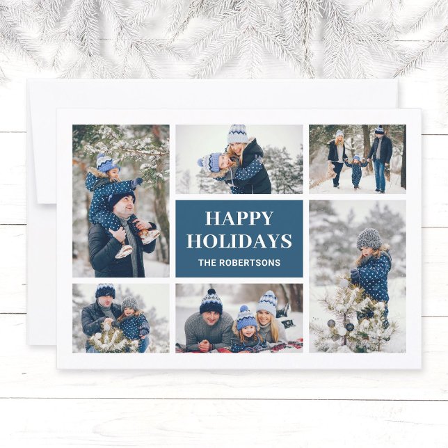 Modern minimalistisk Teal 8-fotojulkort (Modern, elegant family in winter photo collage Christmas greeting card in teal blue, Happy Holidays.)