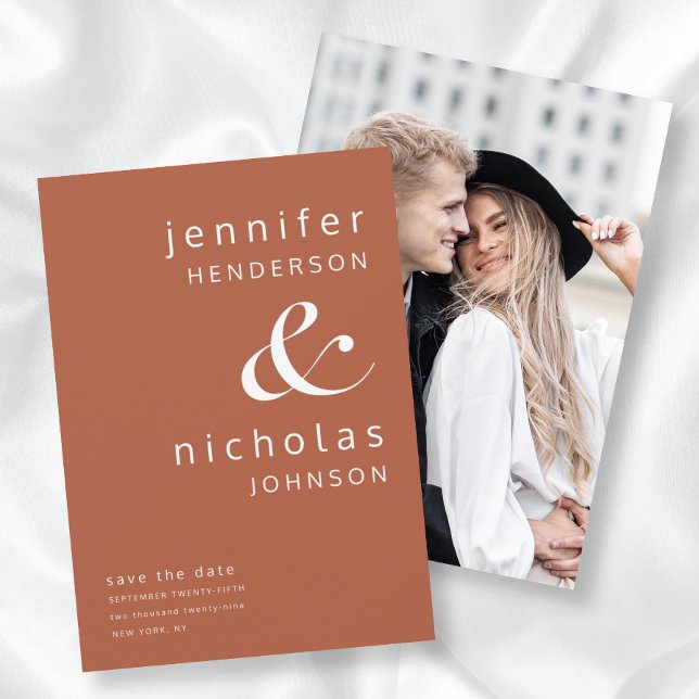 Modern minimalistisk terracotta Ampersand Photo Spara Datumet (Modern Minimalist Terracotta Ampersand Photo Save The Date)