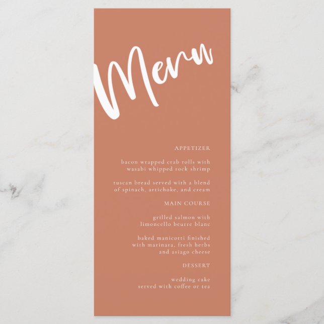 Modern minimalistisk Terracotta Bröllop Menu Meny (Framsida)