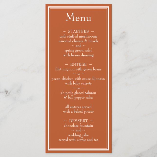 Modern minimalistisk Terracotta Bröllop Menu Meny (Framsida)