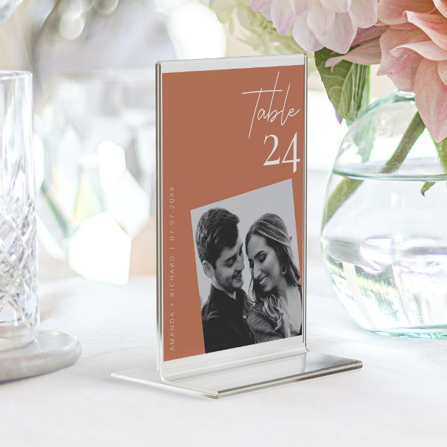 Modern minimalistisk Terracotta Bröllop Photo Bordsnummer (Modern Terracotta Wedding Romantic Photo Table Number )