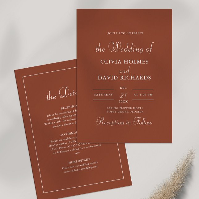 Modern Minimalistisk Terrakotta Bröllop Inbjudningar (Modern Minimalist Terracotta Wedding Invitation on white background with dry wildflower.)