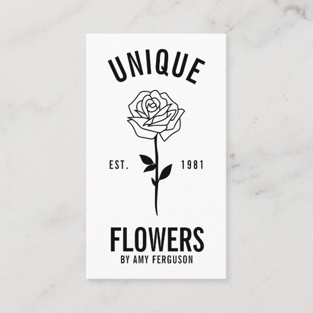 Modern minimalistisk trendig svart vit ro-blomma visitkort (Framsida)