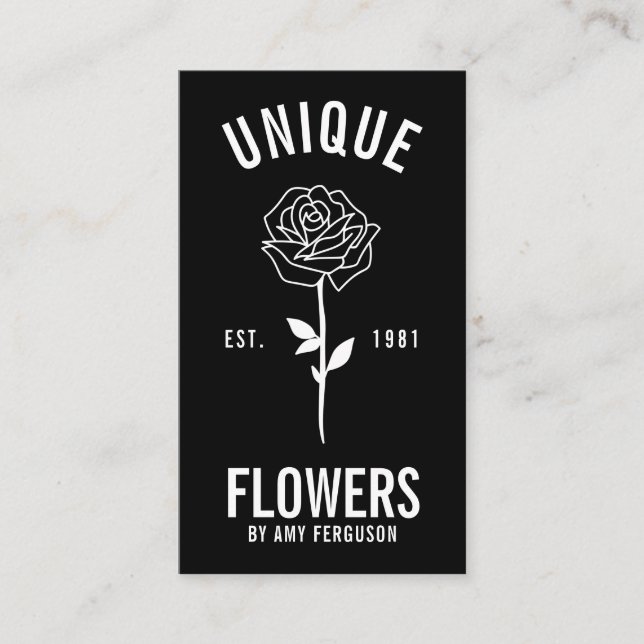 Modern minimalistisk trendig svart vit ro-blomma visitkort (Framsida)