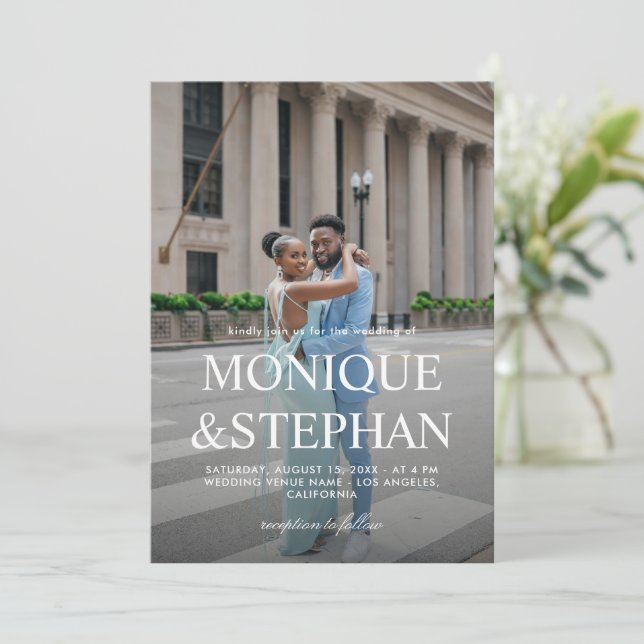 Modern minimalistisk tvåfoto-Bröllop med QR-kod Inbjudningar (Stående Fram)