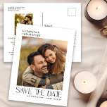 Modern minimalistisk typografi 2 fotospara datum vykort<br><div class="desc">Den här moderna besparingen av vykortet har en minimalistisk design som ger utrymme för två foton. Snyggten visas på en vit bakgrund. Med anpassningsbar längst bak kan du lägga till information om bröllop.</div>