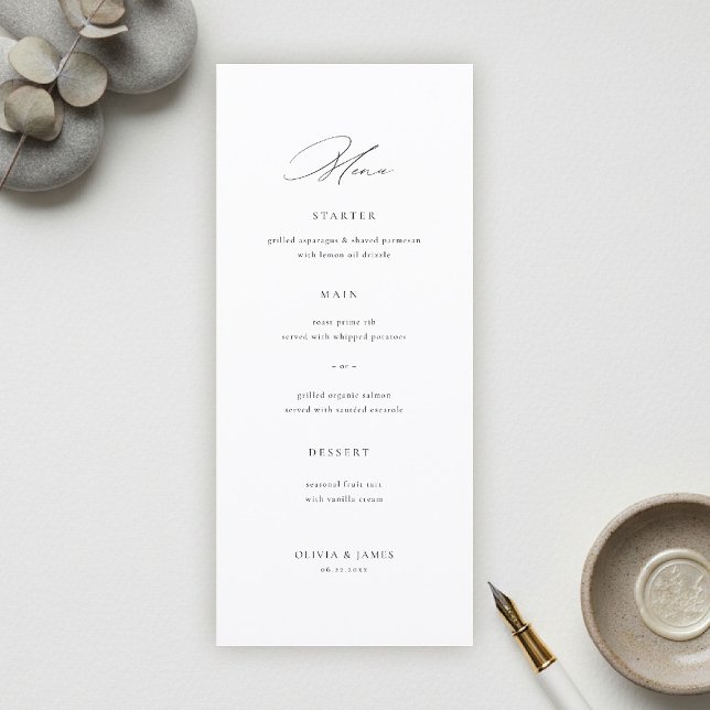 Modern Minimalistisk Typografi Kalligrafi Bröllop Meny (modern minimalist wedding bridal menu typography calligrahy black white city contemporary simple)