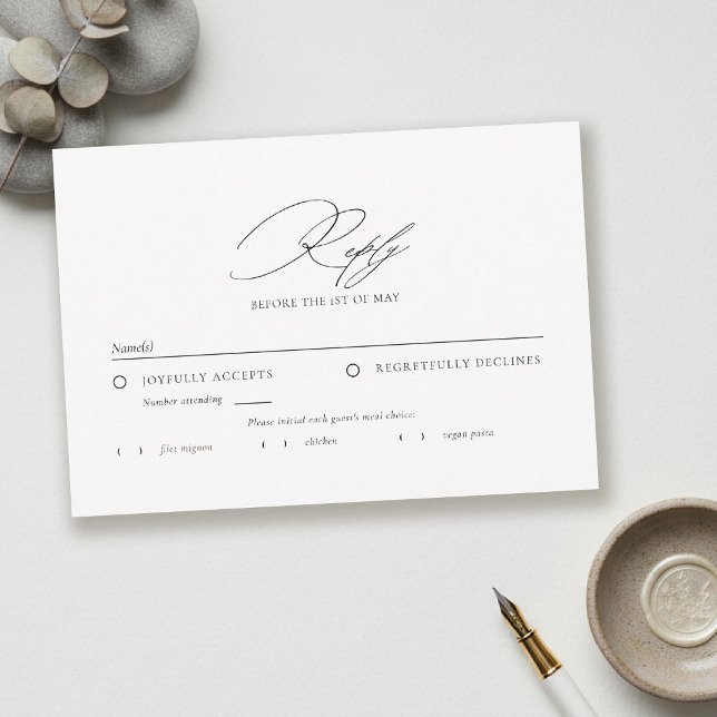 Modern Minimalistisk Typografi Kalligrafi Bröllop OSA Kort (modern minimalist wedding rsvp typography calligrahy black white city contemporary simple)