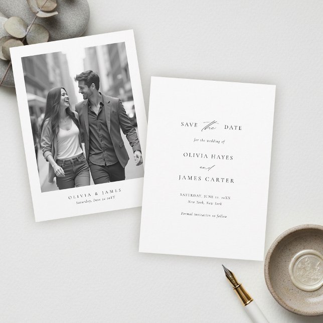 Modern Minimalistisk Typografi Kalligrafi Bröllop Spara Datumet (modern minimalist wedding photo save the date typography calligrahy black white city contemporary )