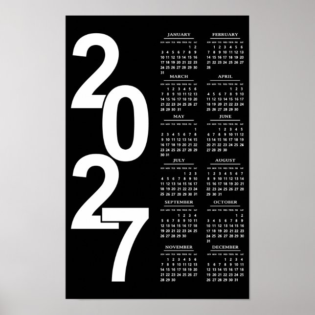 Modern minimalistisk typografisk svart 2027-kalend poster (Framsidan)