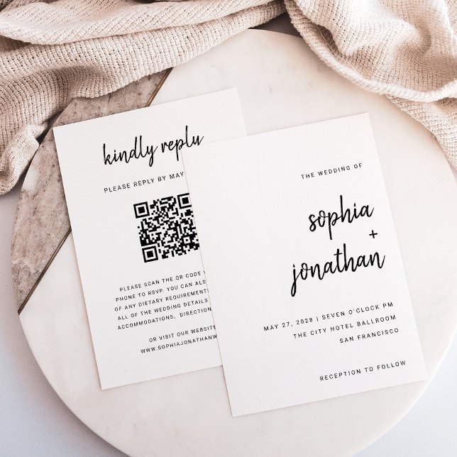 Modern minimalistisk typsnitt | QR-kod RSVP Bröllo Inbjudningar (Skapare uppladdad)