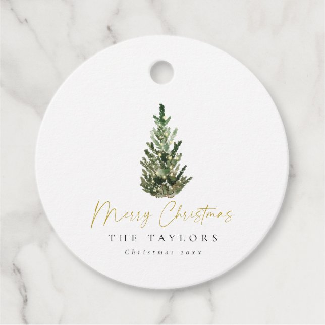 Modern minimalistisk vattenfärg Julgran Gåvor Etiketter (Framsida)