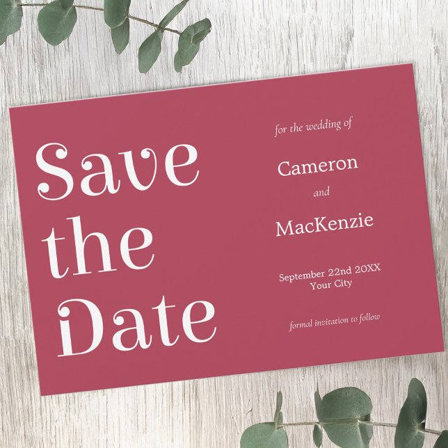 Modern minimalistisk Vin Red Bröllop spara datum Datumet (Wine red minimalist modern typography Save the Date wedding invitation)