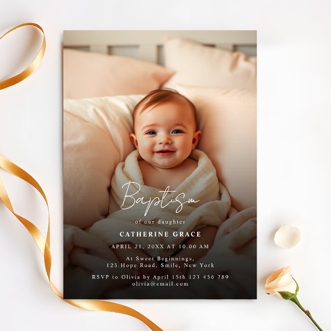 Modern minimalistisk, vit Baby-fotodobaptism Inbjudningar (Skapare uppladdad)