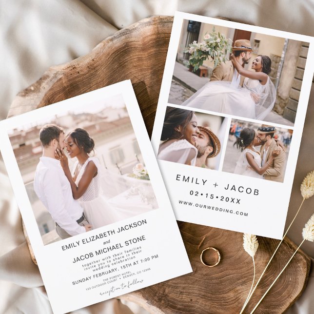 Modern minimalistisk vit Bröllop-foto 4 Inbjudningar (Skapare uppladdad)