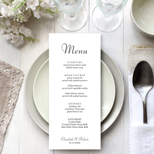 Modern Minimalistisk Vit Bröllopsmeny Meny (Modern Minimalist White Wedding Menu on a beautiful white and silver wedding dinner table.)