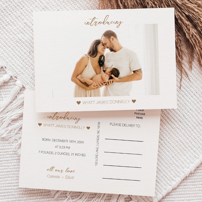 Modern Minimalistisk Vit Födelseannonsering Foto Meddelande Vykort (Skapare uppladdad)