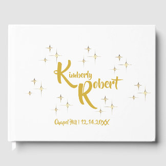 Modern minimalistisk vit och Gult Guld Bröllop Gästböcker