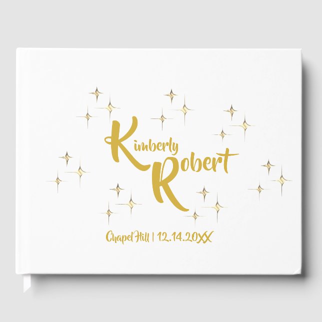 Modern minimalistisk vit och Gult Guld Bröllop Gästböcker (Framsida)