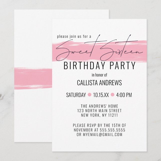 Modern minimalistisk vit Rosa Brushstroke Sweet 16 Inbjudningar (Fram/baksida)