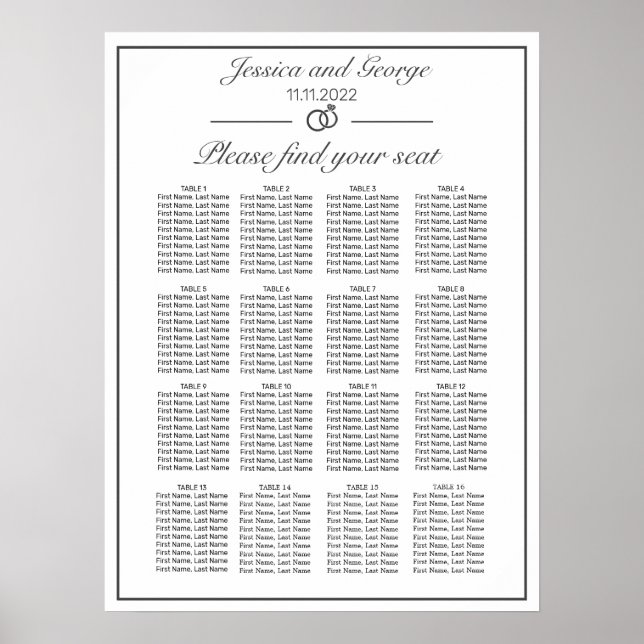 Modern minimalistisk vit sätesdiagram 16 Bord Poster (Framsidan)